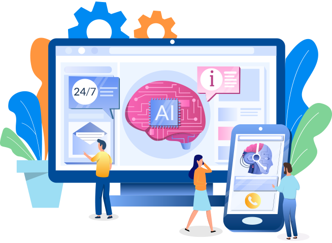 People interacting with AI tools on a screen and smartphone
