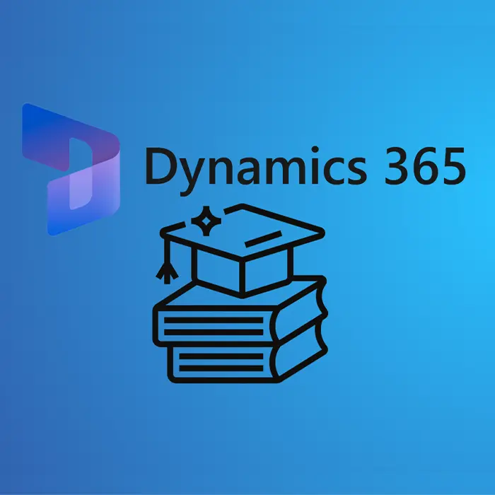Dynamics 365 logo with a graduation cap and books, signifying education.