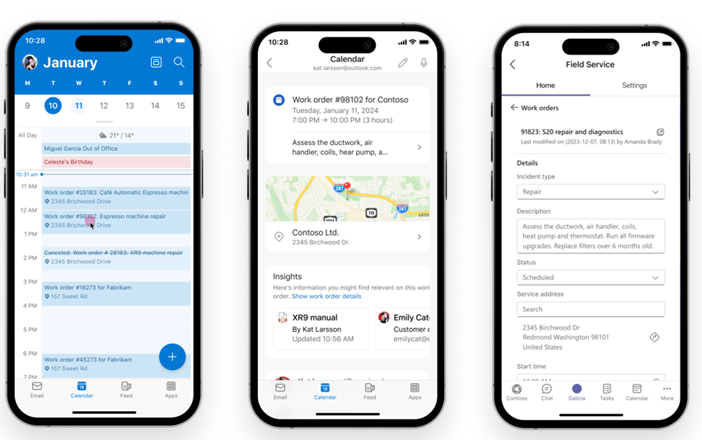 Microsoft scheduling interface (Outlook, Teams, Field service)
