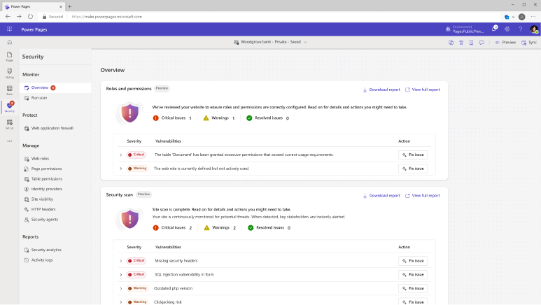 Microsoft power pages security page