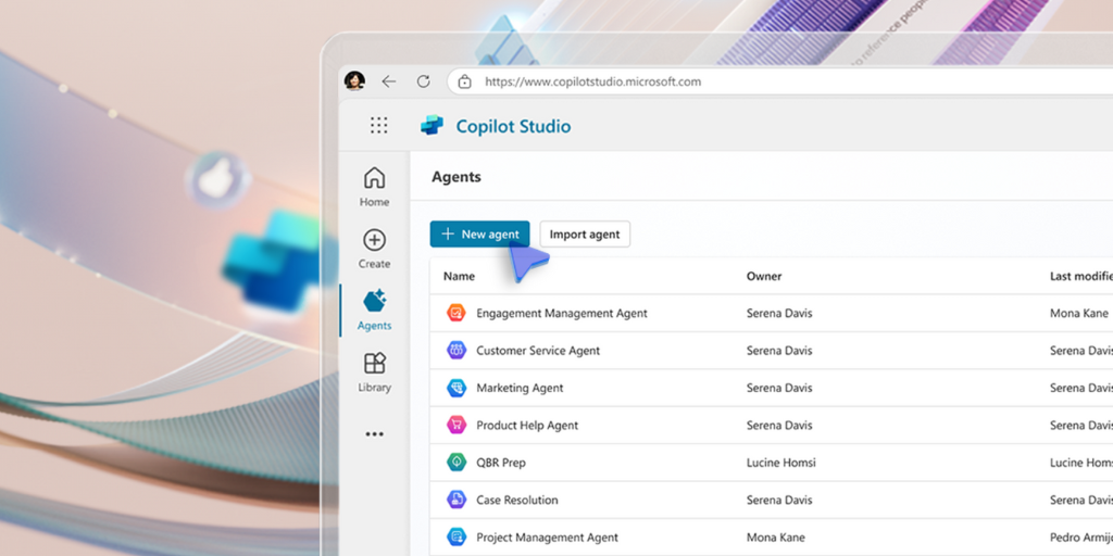 Copilot agent interface, it displays how to add a new agent and the existing agents.