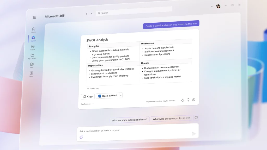 Display of the Copilot chat interface, the AI is providing the prompter with a SWOT analysis.