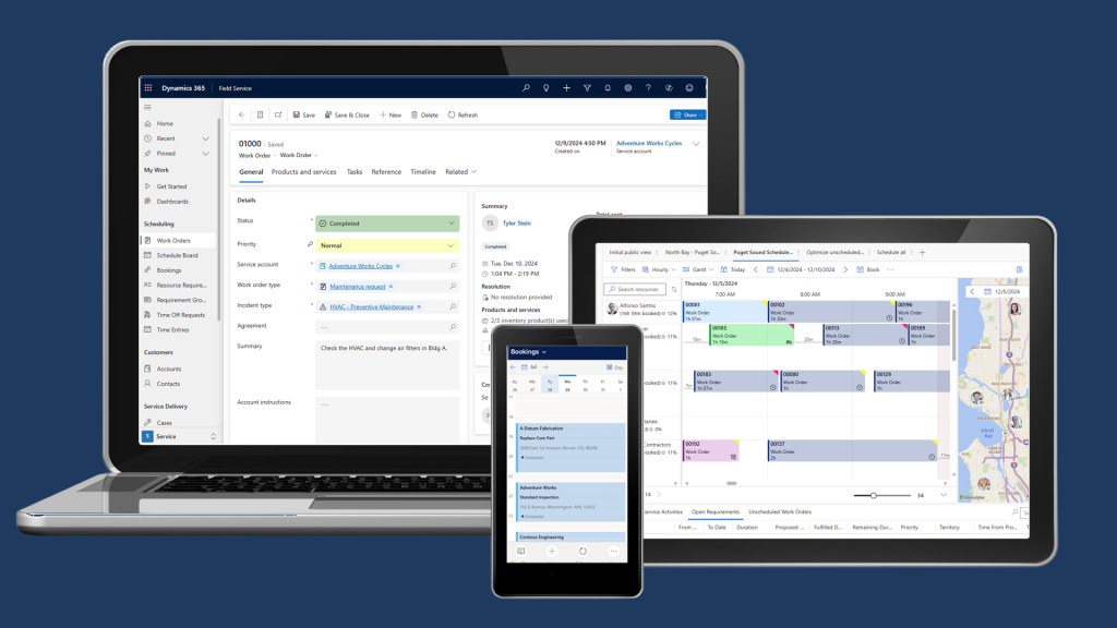 A laptop, tablet, and phone screen all show various digital solutions that work well for the construction industry. The laptop shows a work order on Field Service, the tablet shows a schedule board, and the phone shows the mobile interface.