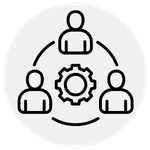 A line drawing of people around a cog, the people are connected by curved lines.