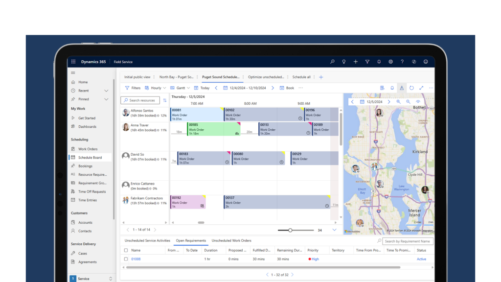 The top half of a laptop screen shows Microsoft Field Service's interface. It shows a schedule board.