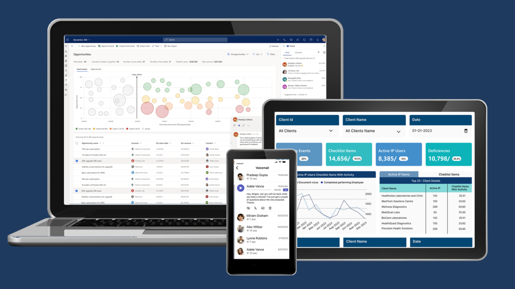 A laptop, tablet, and phone all show the interface of various Microsoft apps that work well for the energy industry. The laptop shows Dynamics 365, the tablet shows Power BI, and the phone shows Teams.