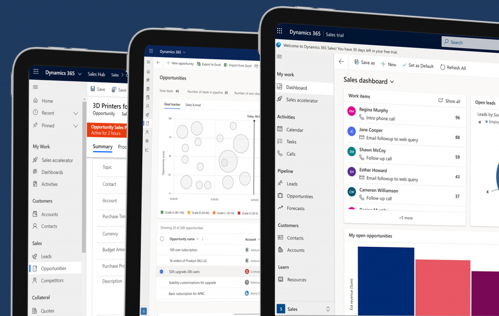 Dynamics 365 Sales interfaces are on 3 laptop screens. It shows dashboards, opportunities, and a sales pipeline.