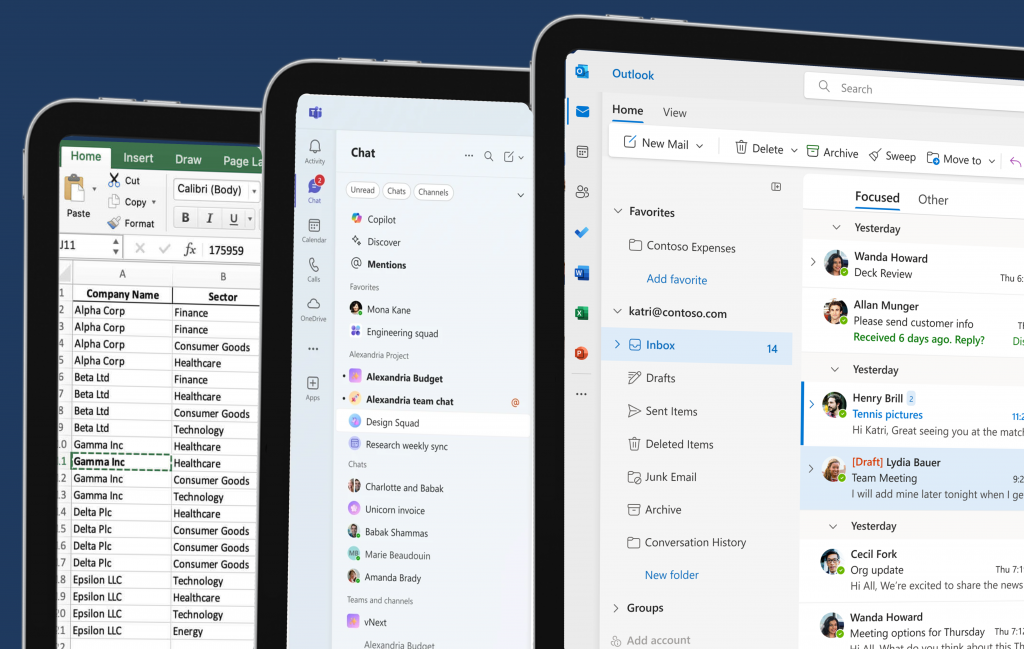 M365 SCREENS Microsoft 365 interfaces are displayed on 3 laptop screens. It shows Outlook, Teams, and Excel.